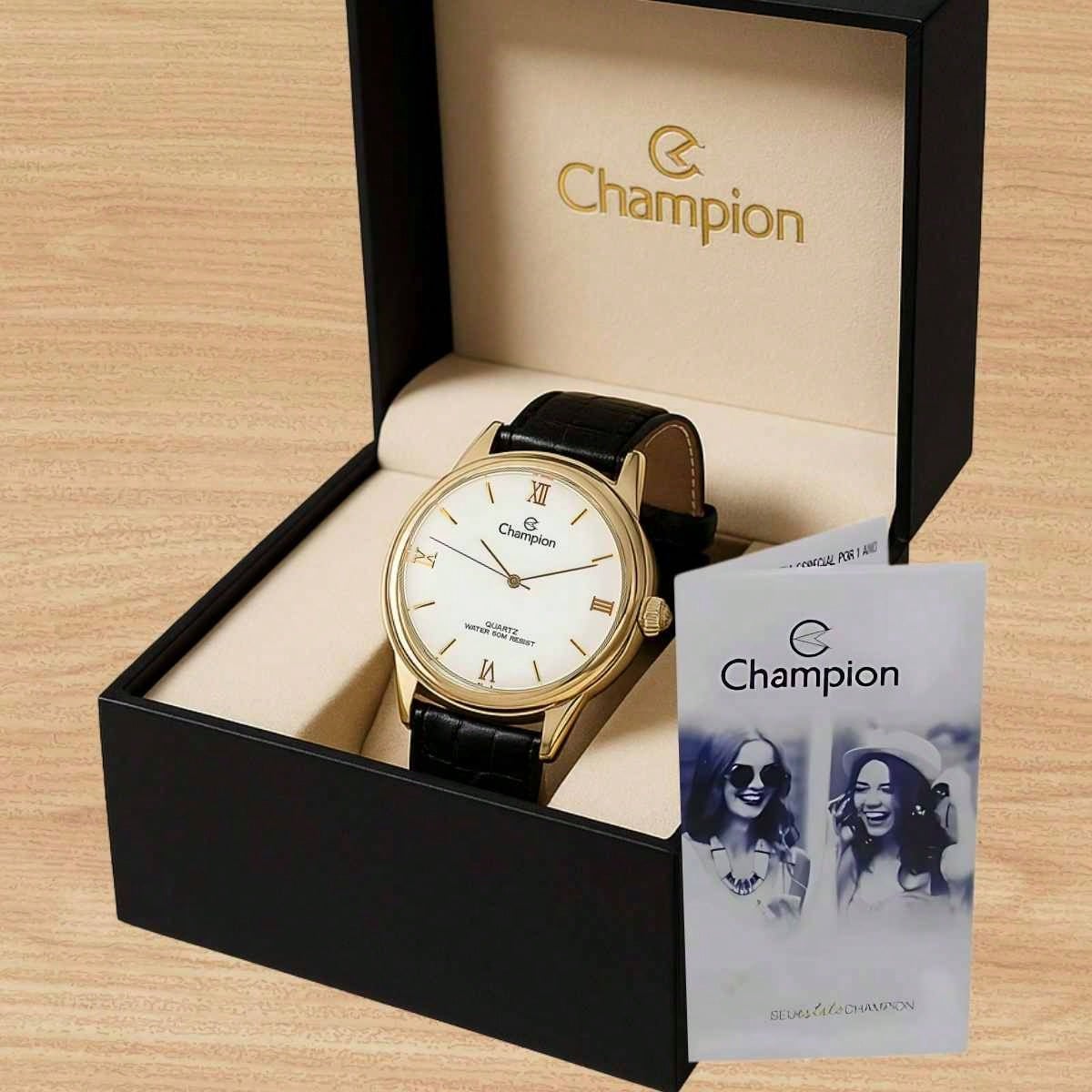 Relógio Masculino Champion – Quartzo Dourado com Pulseira de Couro | À Prova D’Água 50m | Estilo Casual e Sofisticado