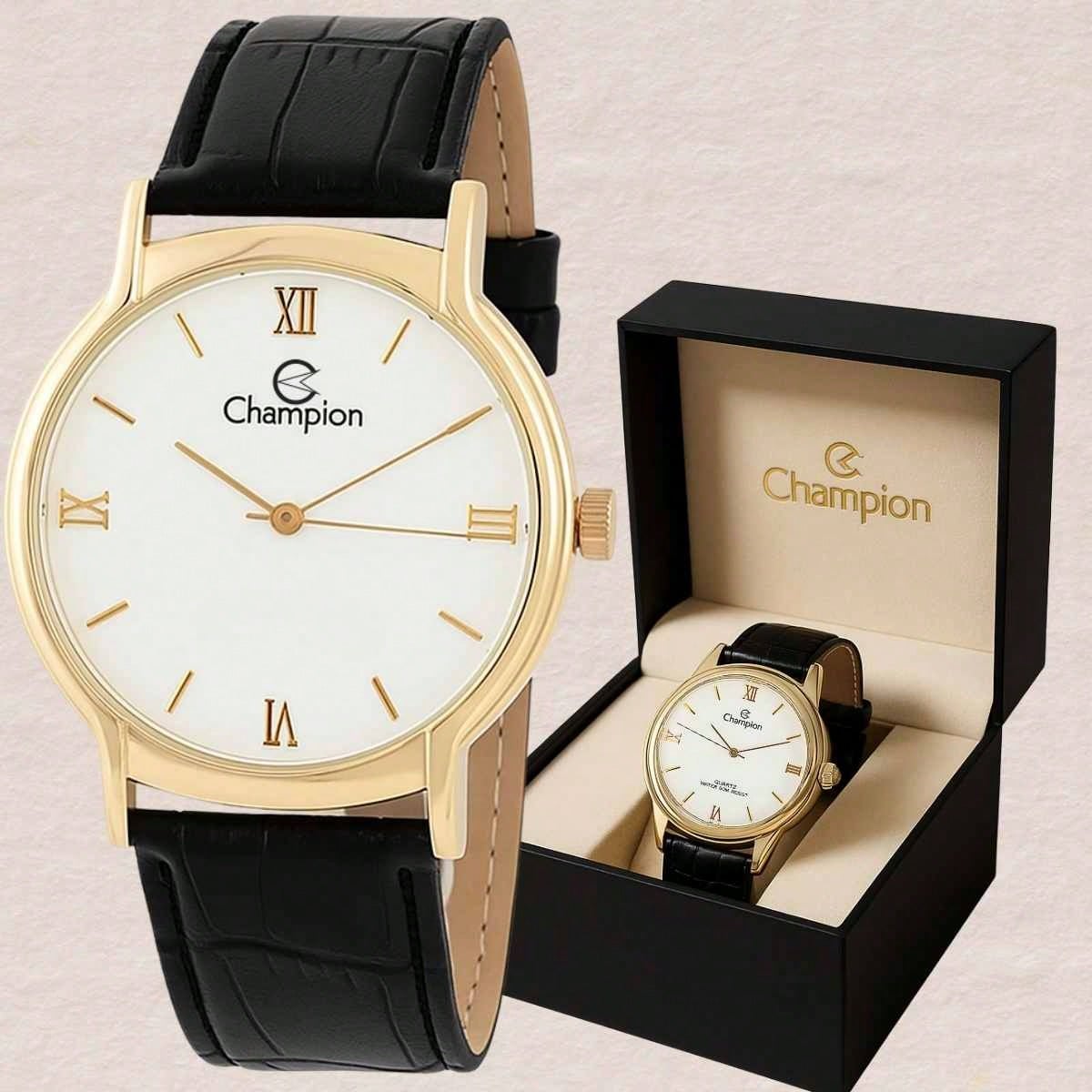 Relógio Masculino Champion – Quartzo Dourado com Pulseira de Couro | À Prova D’Água 50m | Estilo Casual e Sofisticado