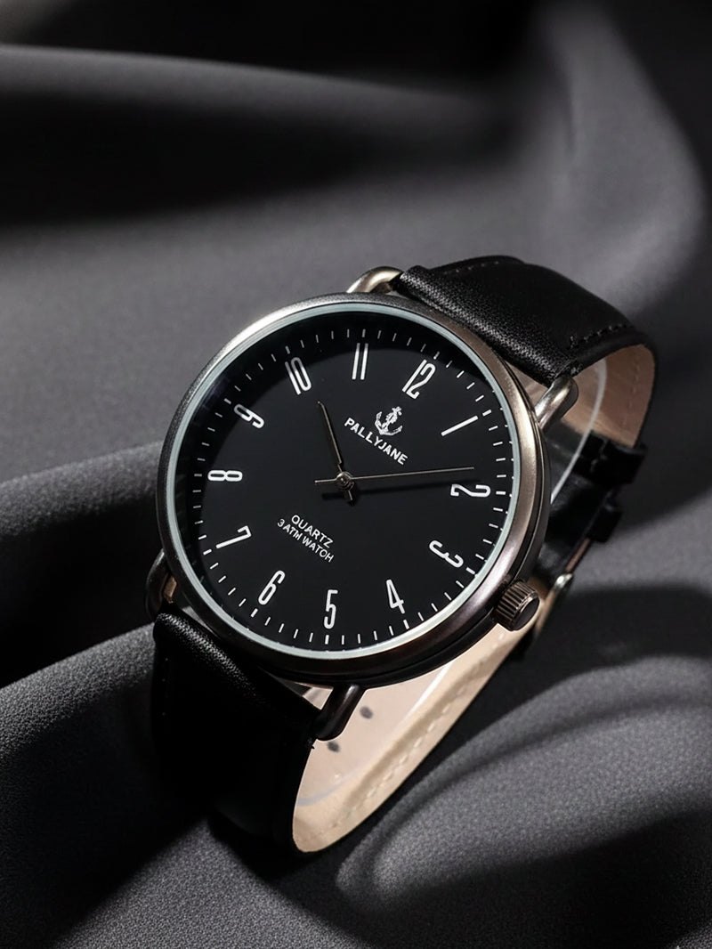 Relógio Minimalista Masculino – Social e Elegante com Pulseira de Couro e Mostrador Preto | Estilo Clássico e Moderno em um Só Acessório