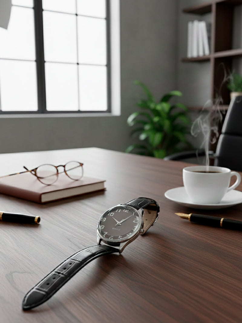 Relógio Masculino Social Elegante – Pulseira de Couro Preto e Mostrador Preto com Detalhes em Prata