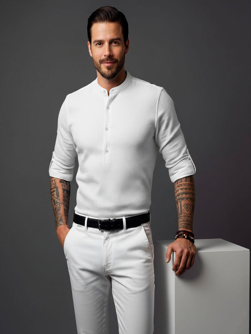 Camisa Casual de Manga Comprida Solta Waffle