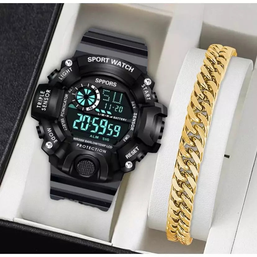 Relógio Masculino Shock Premium Sport + Pulseira Banhada a Ouro e Prata – Edição Exclusiva