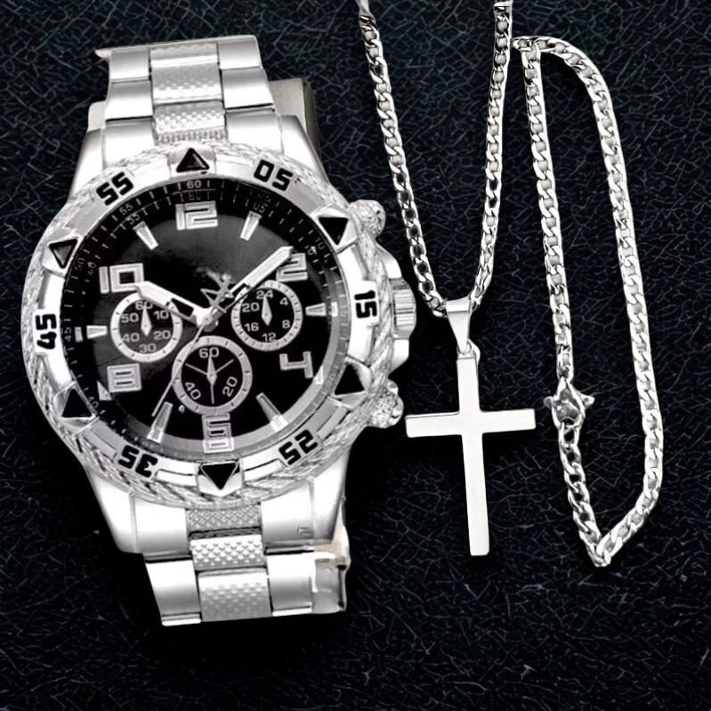 Kit Masculino Premium: Relógio + Corrente + Pulseira e Pingente em Forma de Cruz – Elegância e Estilo em Cada Detalhe.