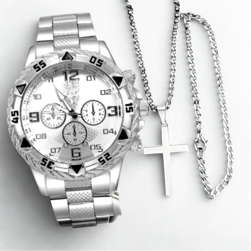 Kit Masculino Premium: Relógio + Corrente + Pulseira e Pingente em Forma de Cruz – Elegância e Estilo em Cada Detalhe.