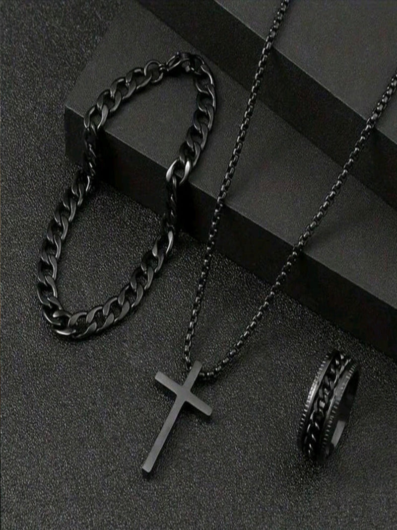 Joias Multifuncionais de Liga Masculinas - Colar com Pingente de Cruz, Pulseira e Anel