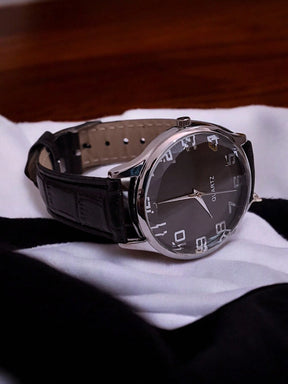 Relógio Masculino Social Elegante – Pulseira de Couro Preto e Mostrador Preto com Detalhes em Prata