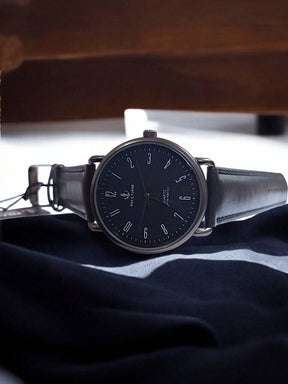 Relógio Minimalista Masculino – Social e Elegante com Pulseira de Couro e Mostrador Preto | Estilo Clássico e Moderno em um Só Acessório