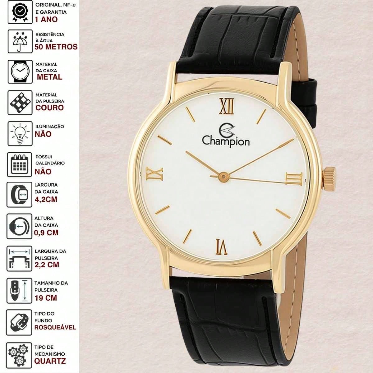 Relógio Masculino Champion – Quartzo Dourado com Pulseira de Couro | À Prova D’Água 50m | Estilo Casual e Sofisticado