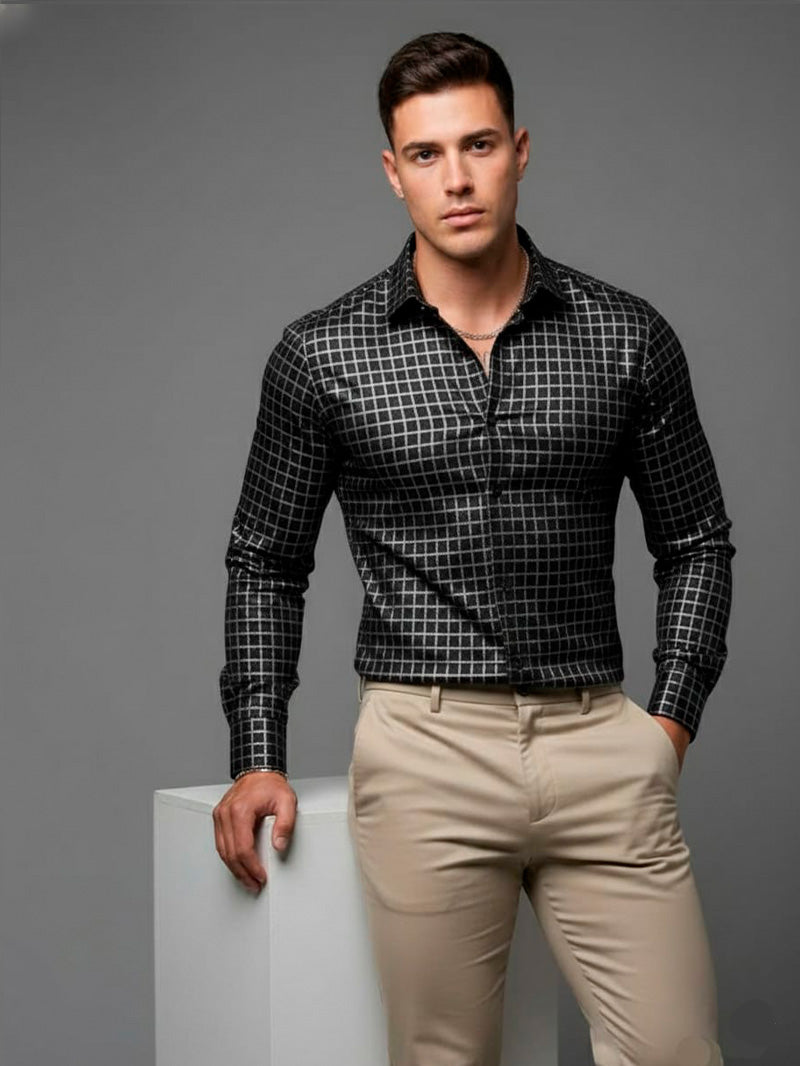 Camisa Casual de Manga Longa Xadrez Retrô Clássica