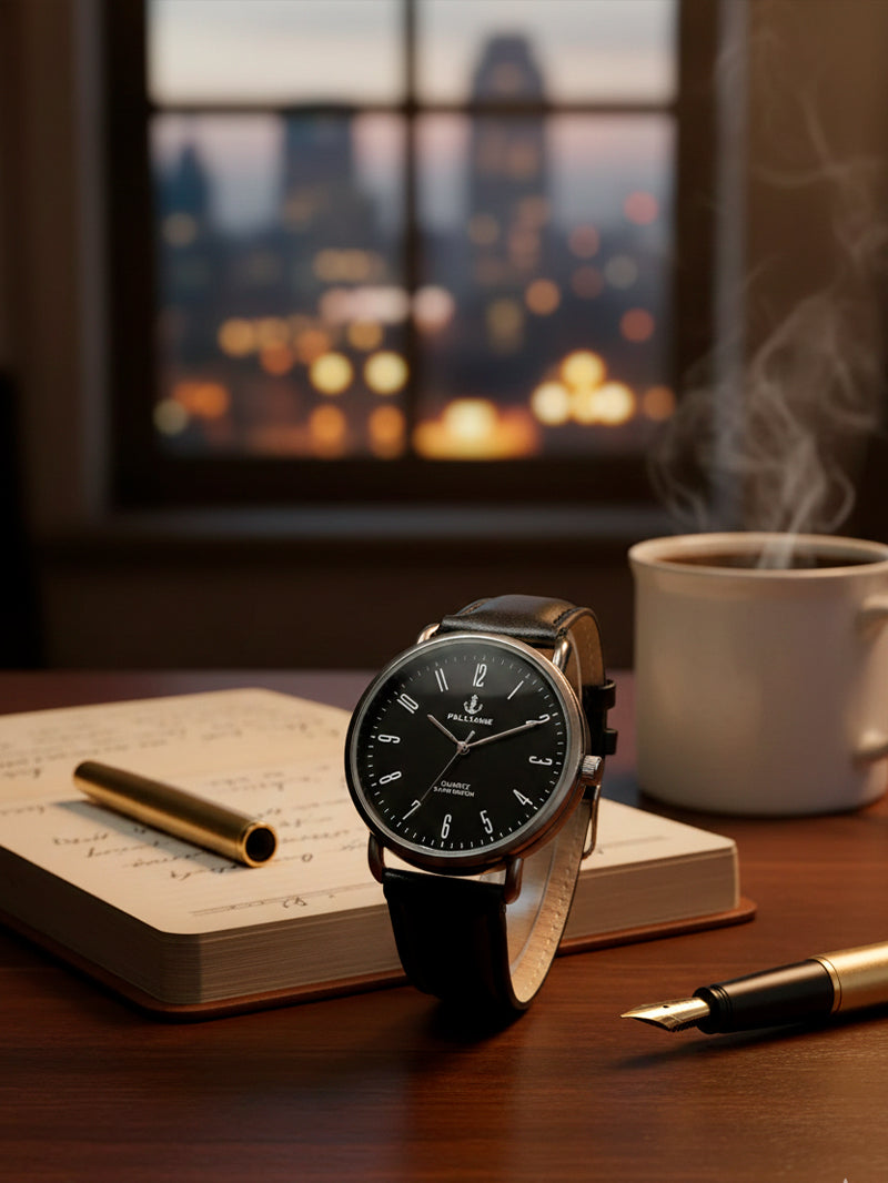 Relógio Minimalista Masculino – Social e Elegante com Pulseira de Couro e Mostrador Preto | Estilo Clássico e Moderno em um Só Acessório