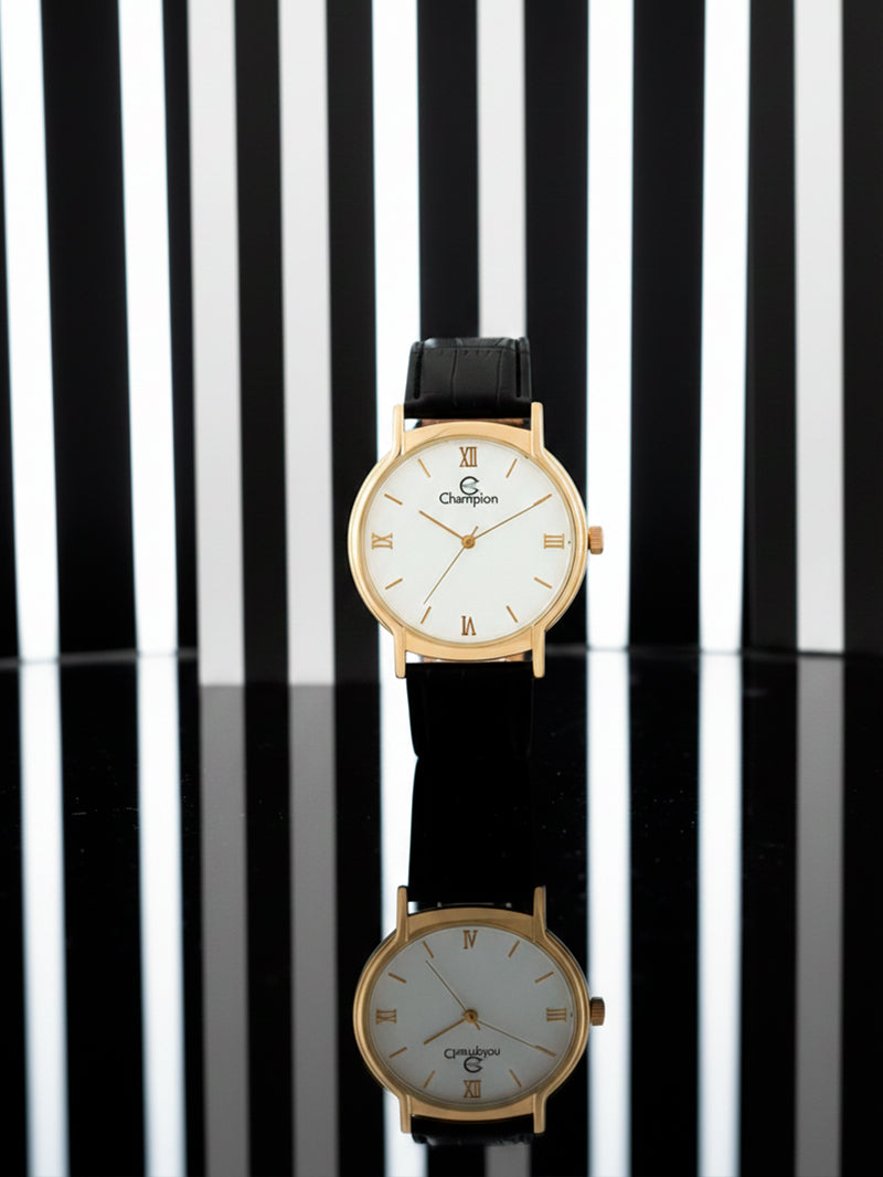 Relógio Masculino Champion – Quartzo Dourado com Pulseira de Couro | À Prova D’Água 50m | Estilo Casual e Sofisticado