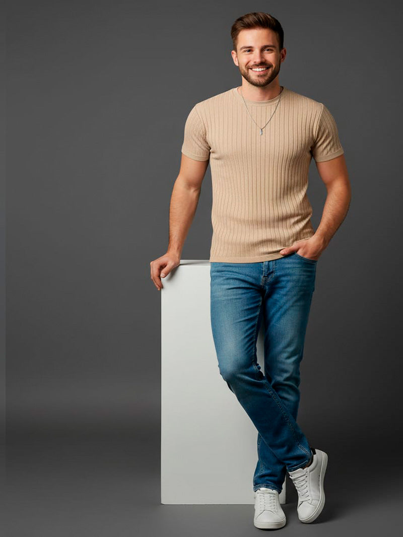 Camiseta Casual de Malha de Manga Curta com Gola Careca