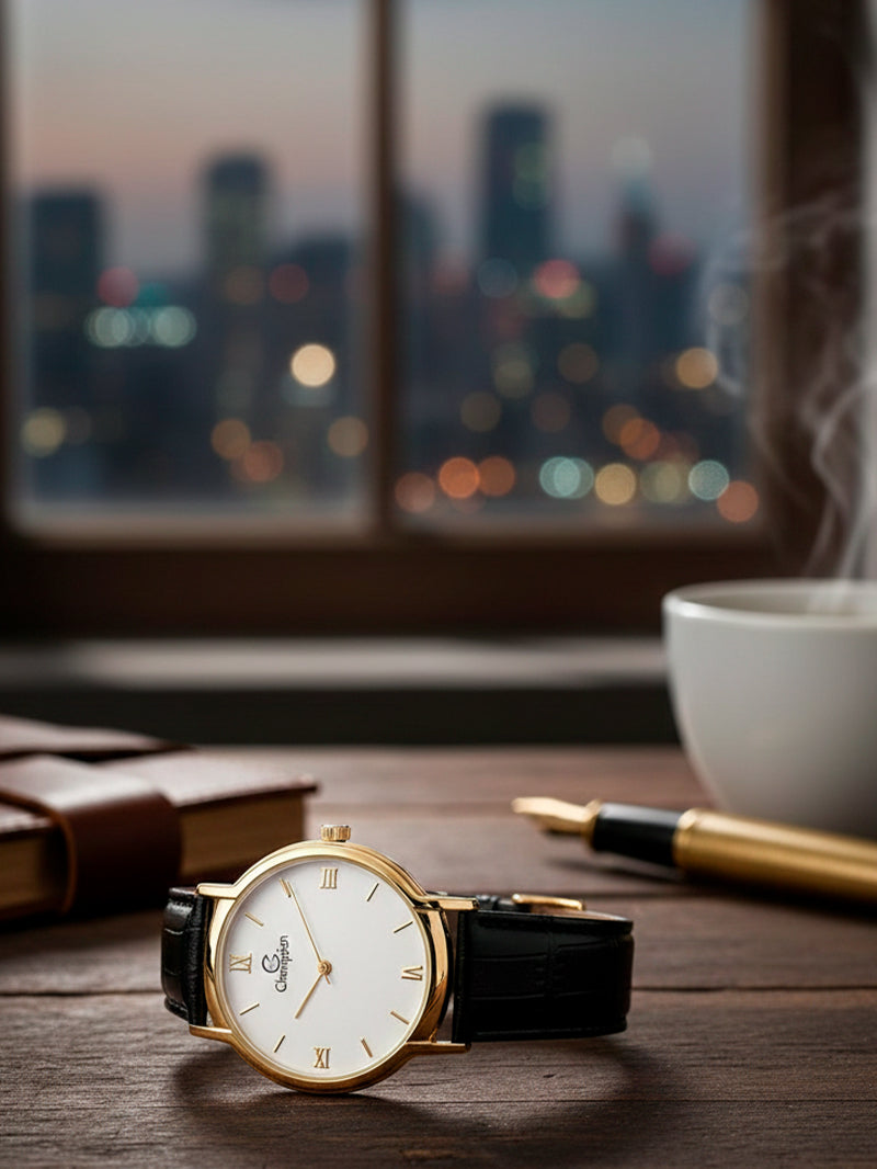 Relógio Masculino Champion – Quartzo Dourado com Pulseira de Couro | À Prova D’Água 50m | Estilo Casual e Sofisticado