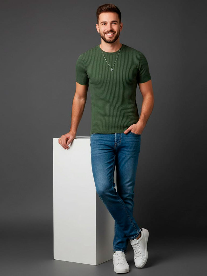 Camiseta Casual de Malha de Manga Curta com Gola Careca