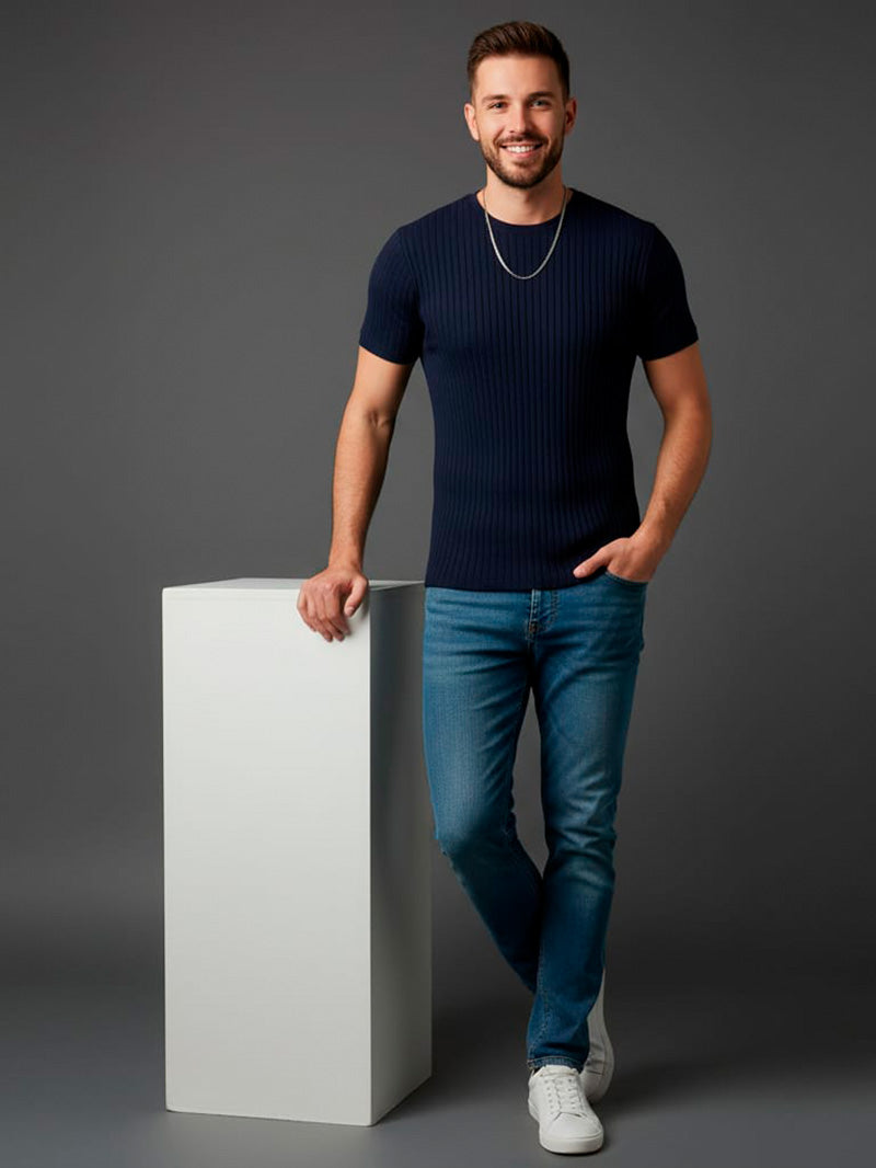 Camiseta Casual de Malha de Manga Curta com Gola Careca