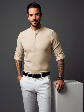 Camisa Casual de Manga Comprida Solta Waffle