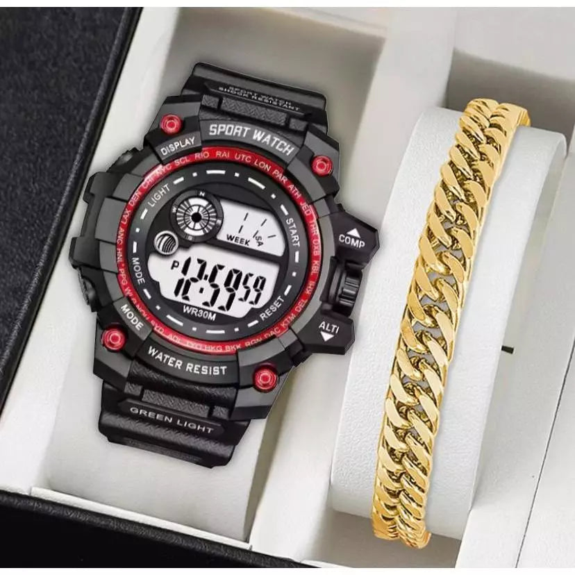 Relógio Masculino Shock Premium Sport + Pulseira Banhada a Ouro e Prata – Edição Exclusiva