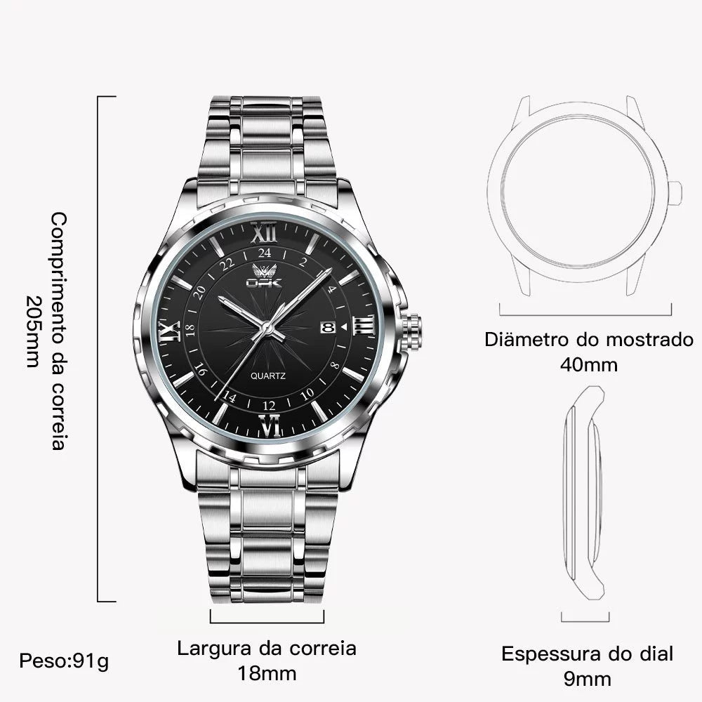 Relógio Masculino OPK Original – Esportivo em Aço Inoxidável Preto e Prata | À Prova D’Água, Luxo e Desempenho em um Só Acessório