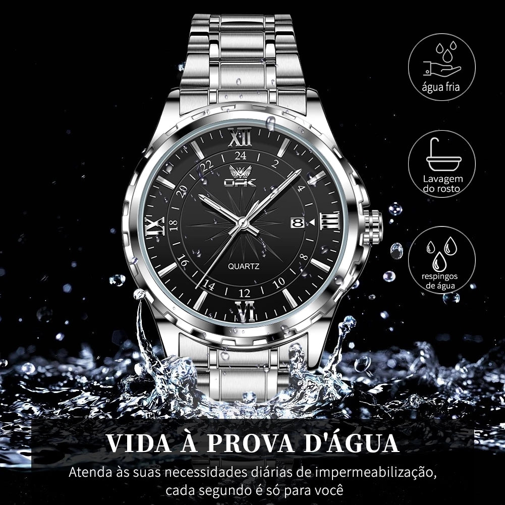 Relógio Masculino OPK Original – Esportivo em Aço Inoxidável Preto e Prata | À Prova D’Água, Luxo e Desempenho em um Só Acessório