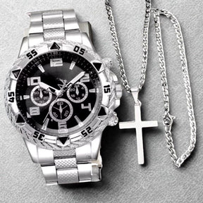 Kit Masculino Premium: Relógio + Corrente + Pulseira e Pingente em Forma de Cruz – Elegância e Estilo em Cada Detalhe.