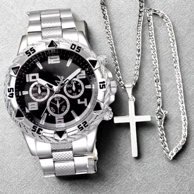 Kit Masculino Premium: Relógio + Corrente + Pulseira e Pingente em Forma de Cruz – Elegância e Estilo em Cada Detalhe.