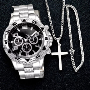 Kit Masculino Premium: Relógio + Corrente + Pulseira e Pingente em Forma de Cruz – Elegância e Estilo em Cada Detalhe.