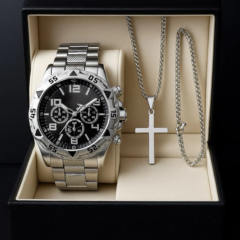 Kit Masculino Premium: Relógio + Corrente + Pulseira e Pingente em Forma de Cruz – Elegância e Estilo em Cada Detalhe.