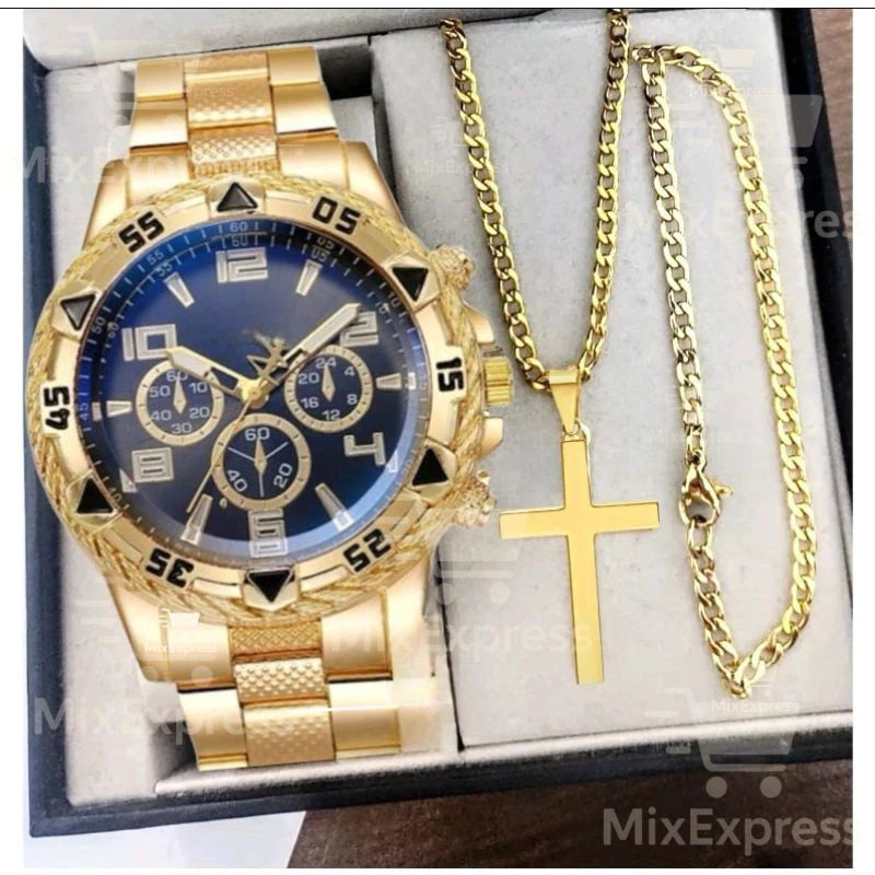 Kit Masculino Premium: Relógio + Corrente + Pulseira e Pingente em Forma de Cruz – Elegância e Estilo em Cada Detalhe.