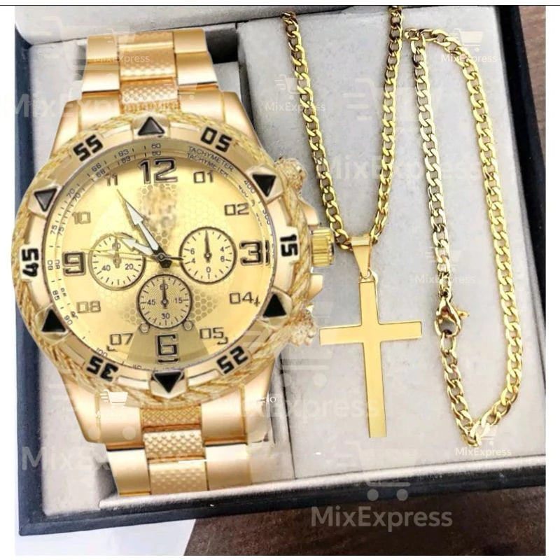 Kit Masculino Premium: Relógio + Corrente + Pulseira e Pingente em Forma de Cruz – Elegância e Estilo em Cada Detalhe.