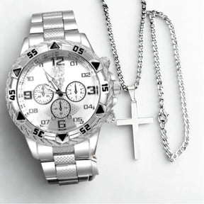 Kit Masculino Premium: Relógio + Corrente + Pulseira e Pingente em Forma de Cruz – Elegância e Estilo em Cada Detalhe.