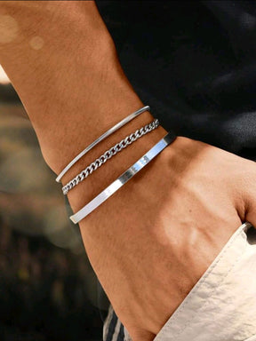 3 peças Conjunto de Pulseira Ajustável Minimalista de Aço Inoxidável para Homens