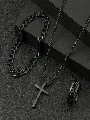 Joias Multifuncionais de Liga Masculinas - Colar com Pingente de Cruz, Pulseira e Anel