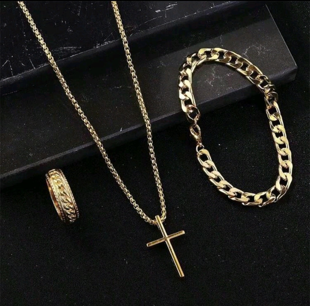 Joias Multifuncionais de Liga Masculinas - Colar com Pingente de Cruz, Pulseira e Anel