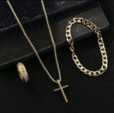 Joias Multifuncionais de Liga Masculinas - Colar com Pingente de Cruz, Pulseira e Anel