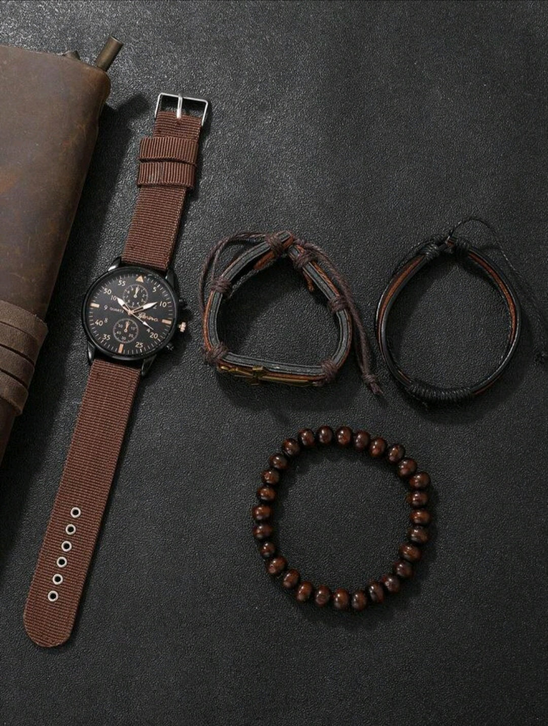 4 peças Relógio Quartz Casual Cruzado Marrom