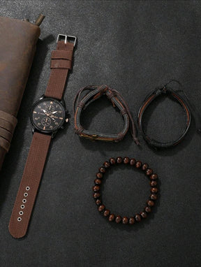 4 peças Relógio Quartz Casual Cruzado Marrom