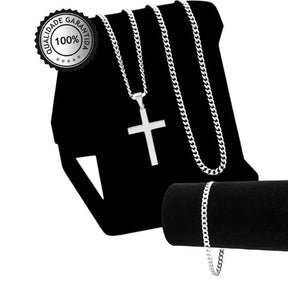Kit Masculino Premium: Relógio + Corrente + Pulseira e Pingente em Forma de Cruz – Elegância e Estilo em Cada Detalhe.