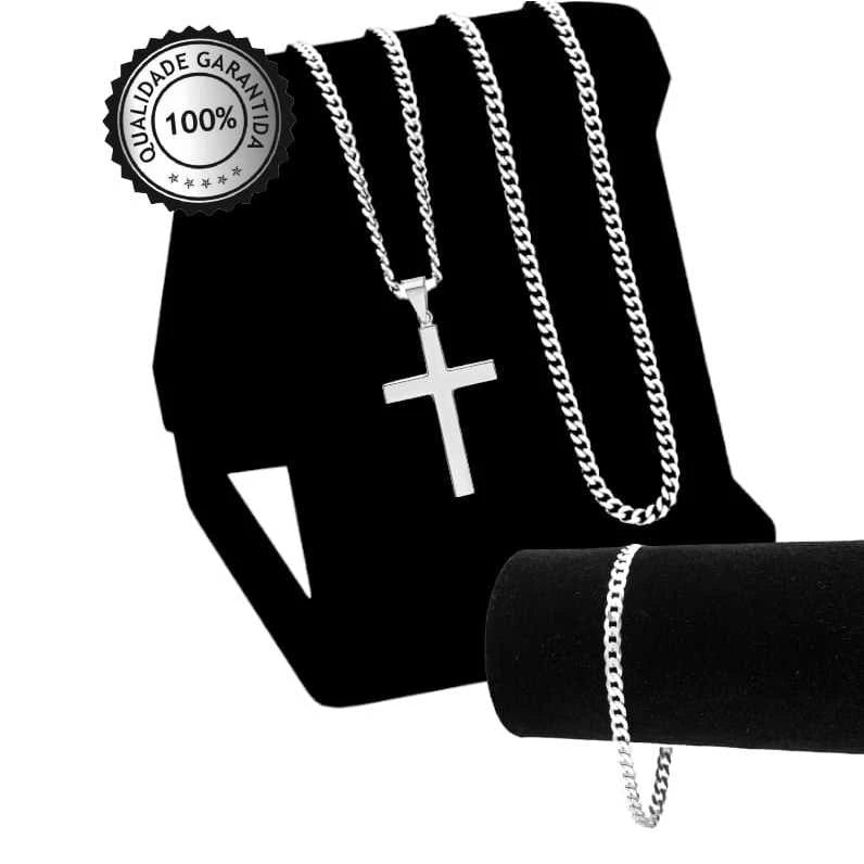 Kit Masculino Premium: Relógio + Corrente + Pulseira e Pingente em Forma de Cruz – Elegância e Estilo em Cada Detalhe.