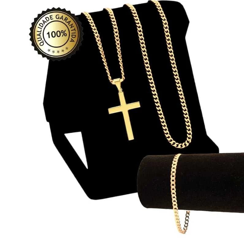 Kit Masculino Premium: Relógio + Corrente + Pulseira e Pingente em Forma de Cruz – Elegância e Estilo em Cada Detalhe.