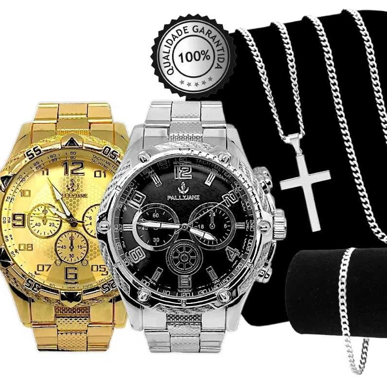 Kit Masculino Premium: Relógio + Corrente + Pulseira e Pingente em Forma de Cruz – Elegância e Estilo em Cada Detalhe.
