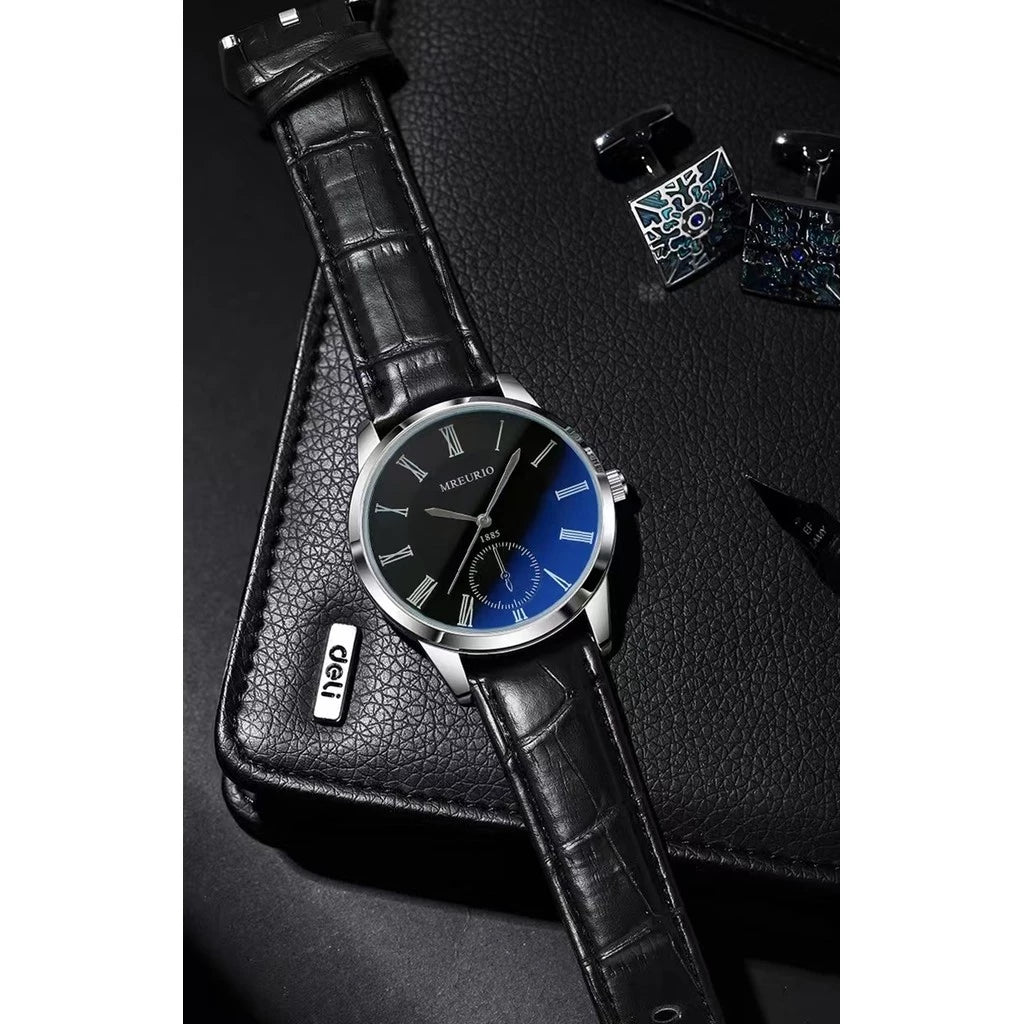 Relógio Casual Premium – Quartzo Fashion Azul Escuro com Pulseira de Couro Genuíno