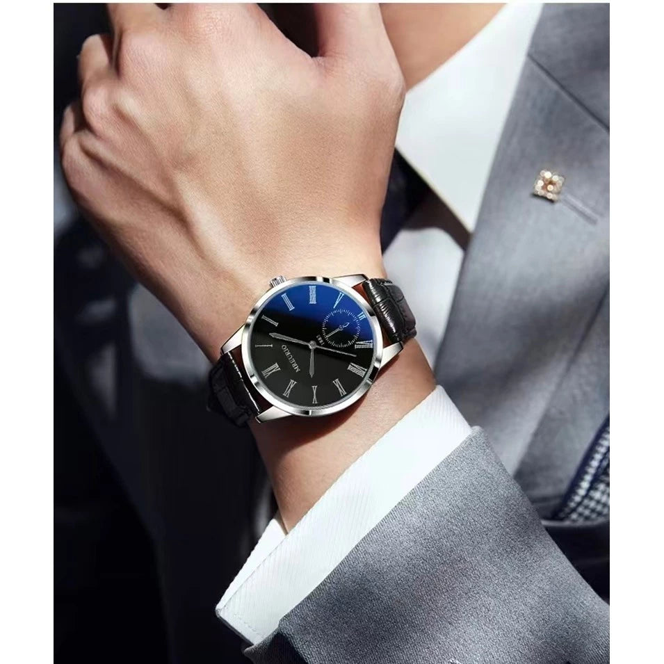 Relógio Casual Premium – Quartzo Fashion Azul Escuro com Pulseira de Couro Genuíno